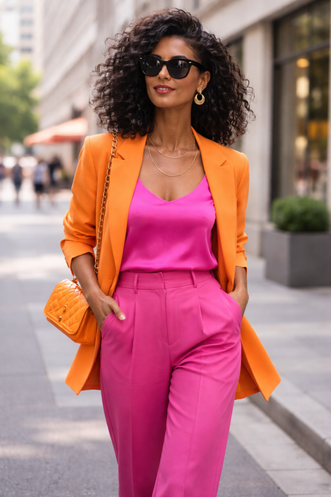 look feminino com cores vibrantes tendência moda feminina 2026