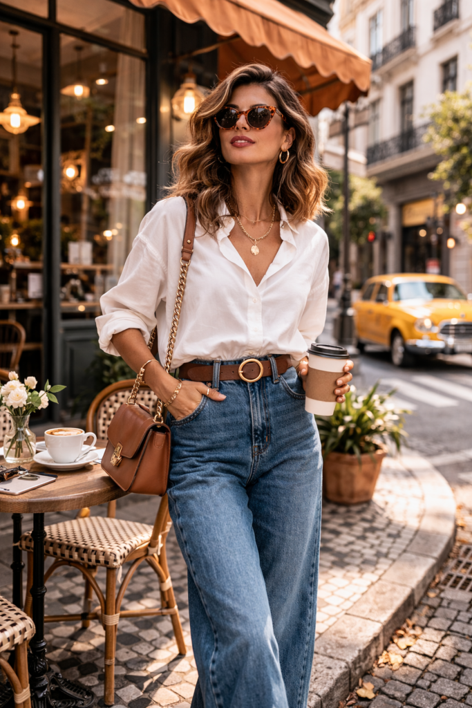 ook retrô atualizado tendência moda feminina 2026 com jeans de cintura alta