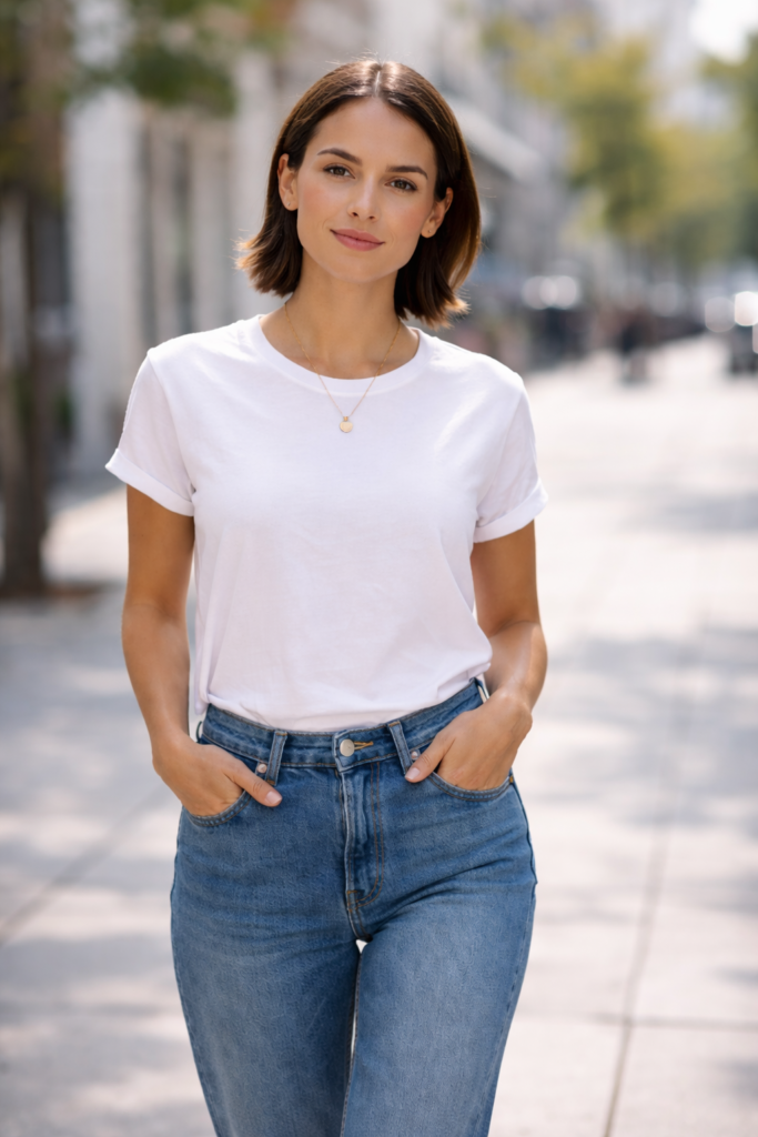 base de look para se vestir bem no dia a dia com camiseta branca e jeans reto