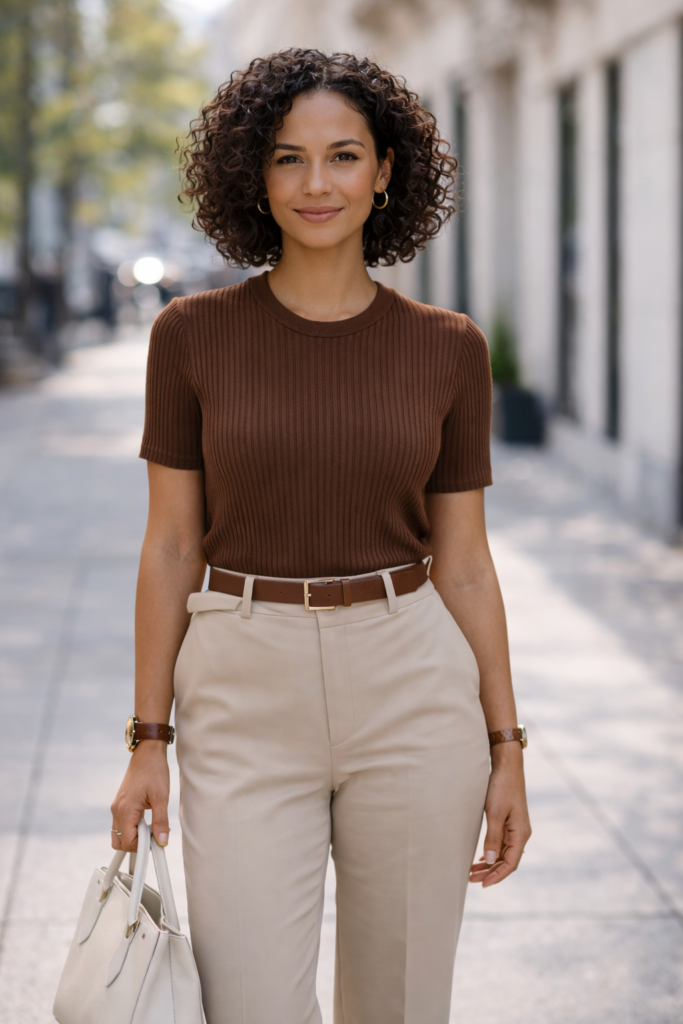 acabamento de look para se vestir bem no dia a dia com cinto acessorios e bolsa estruturada