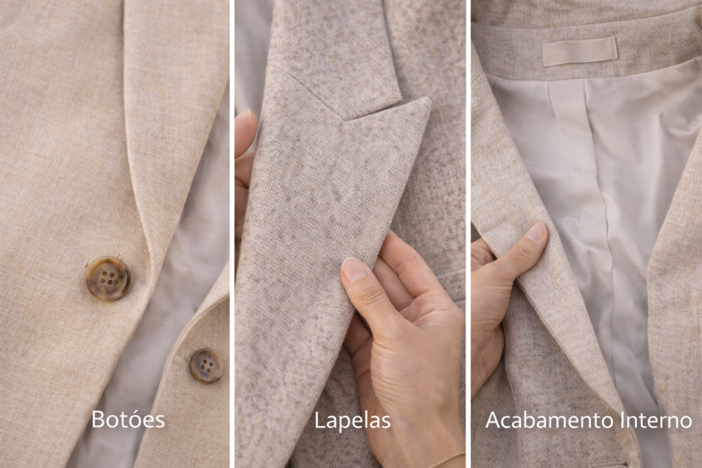 como escolher blazer neutro analisando botões, lapelas e acabamento interno da peça