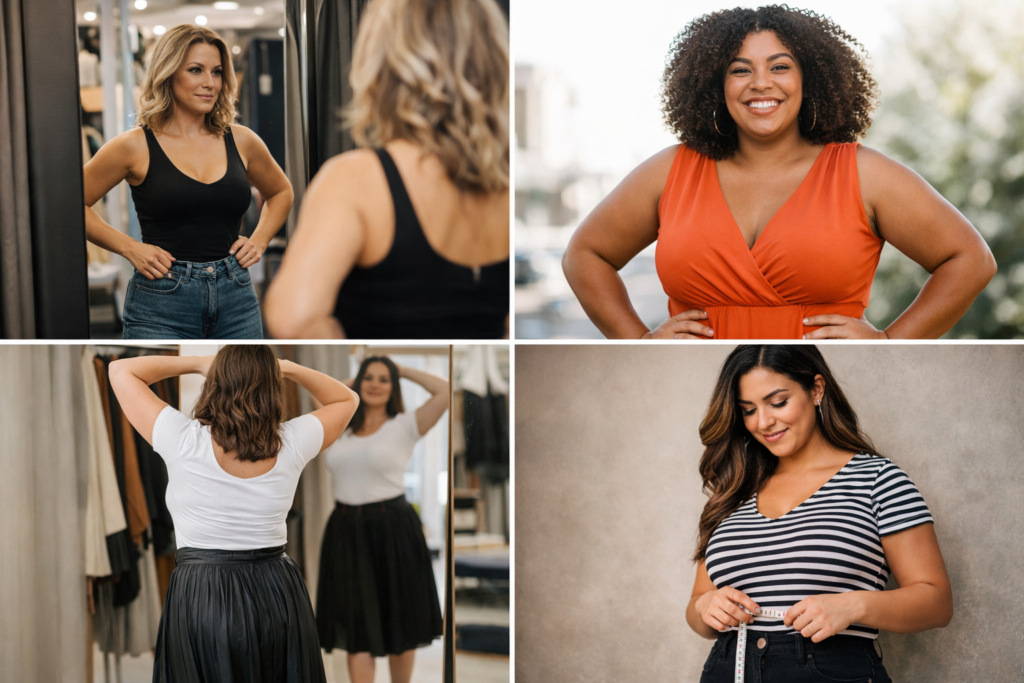 mulheres com corpo real usando roupas que valorizam a silhueta