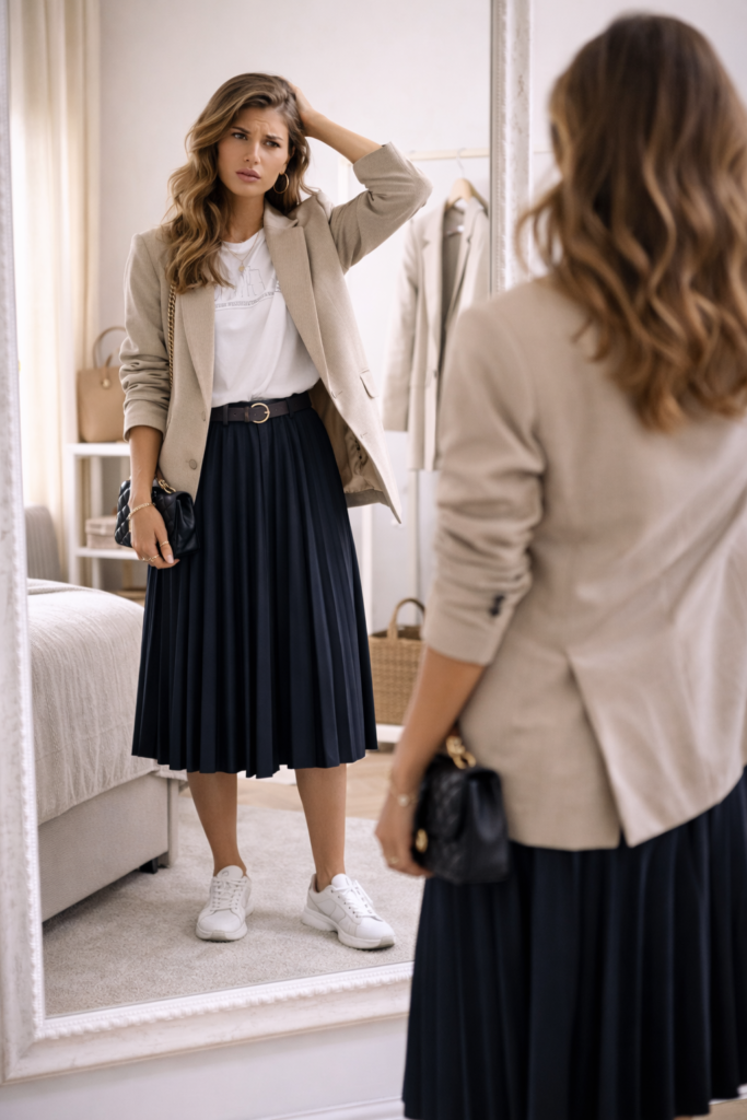 mulher em frente ao espelho com duvida ao montar look para o dia a dia