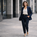 mulher usando look neutro estruturado representando uniforme pessoal