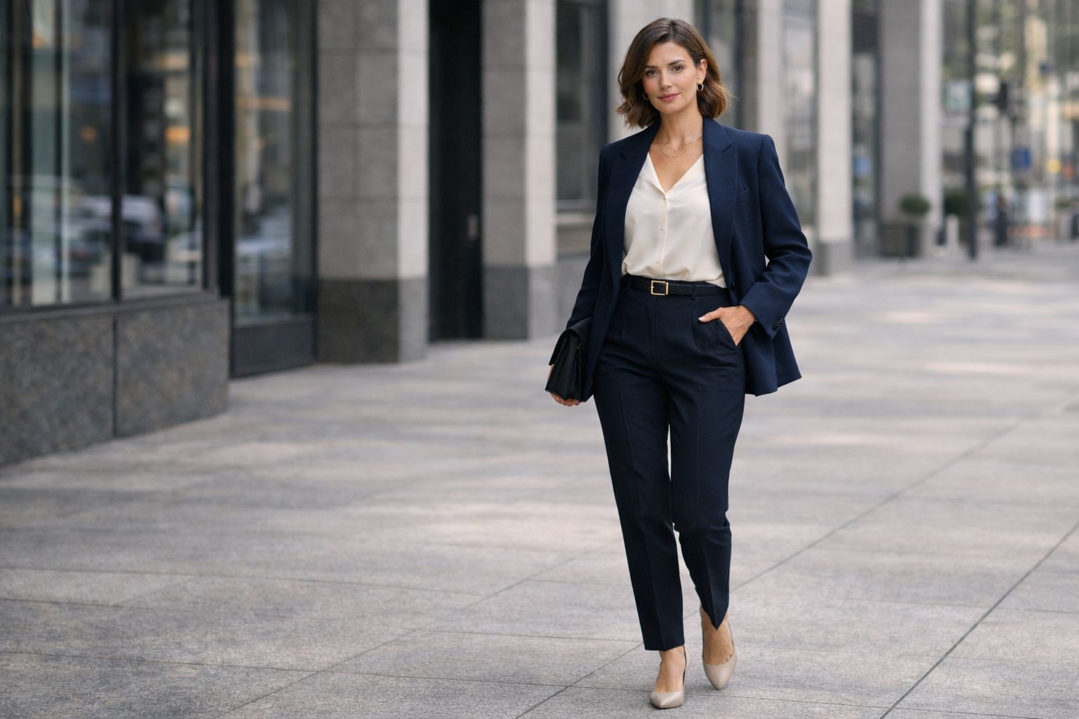 mulher usando look neutro estruturado representando uniforme pessoal