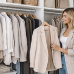 Imagem de mulher organizando roupas neutras em um armário funcional, representando o conceito de guarda-roupa inteligente com foco em praticidade, coerência e facilidade na hora de se vestir.