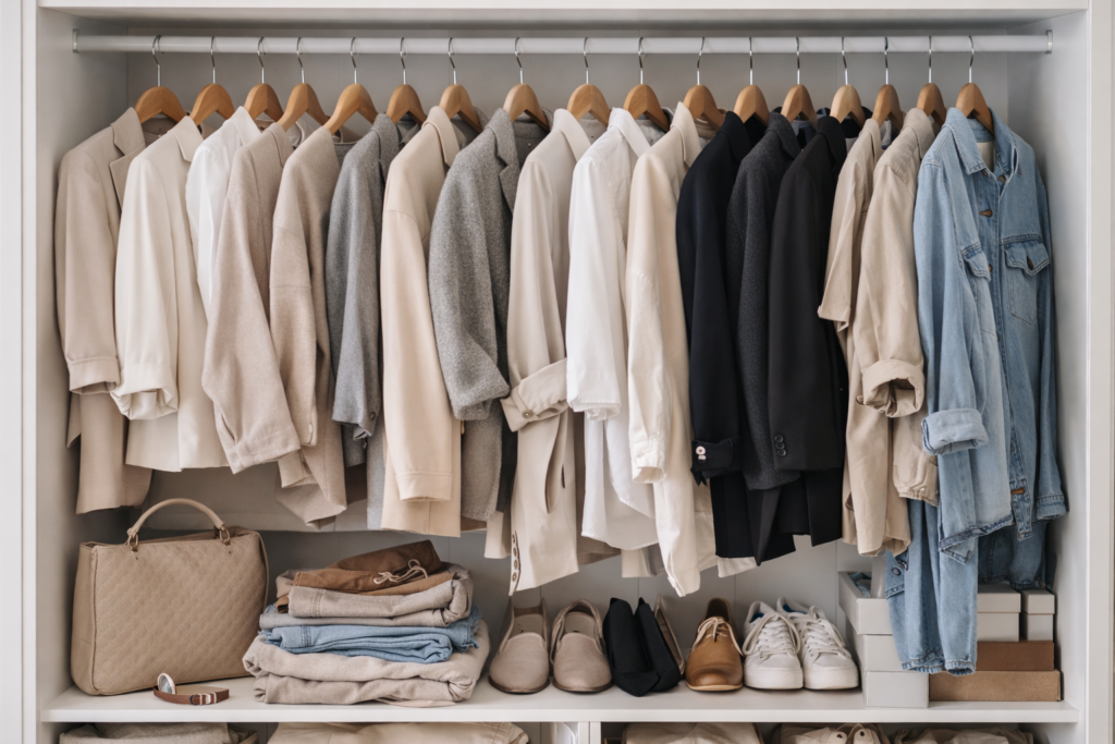 peças neutras organizadas formando a base de um guarda-roupa inteligente
