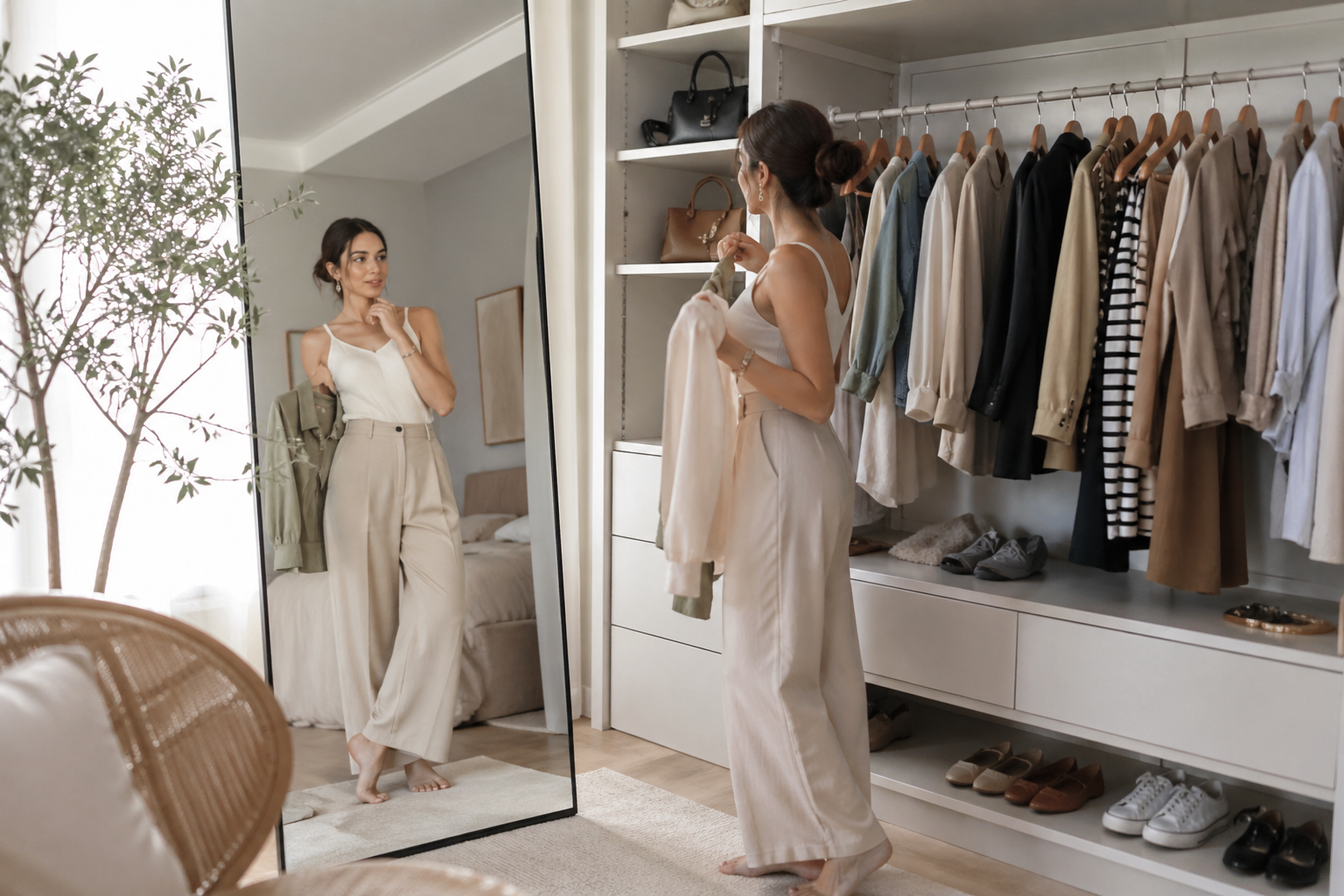 mulher experimentando combinações de roupas diante do espelho para descobrir seu estilo pessoal