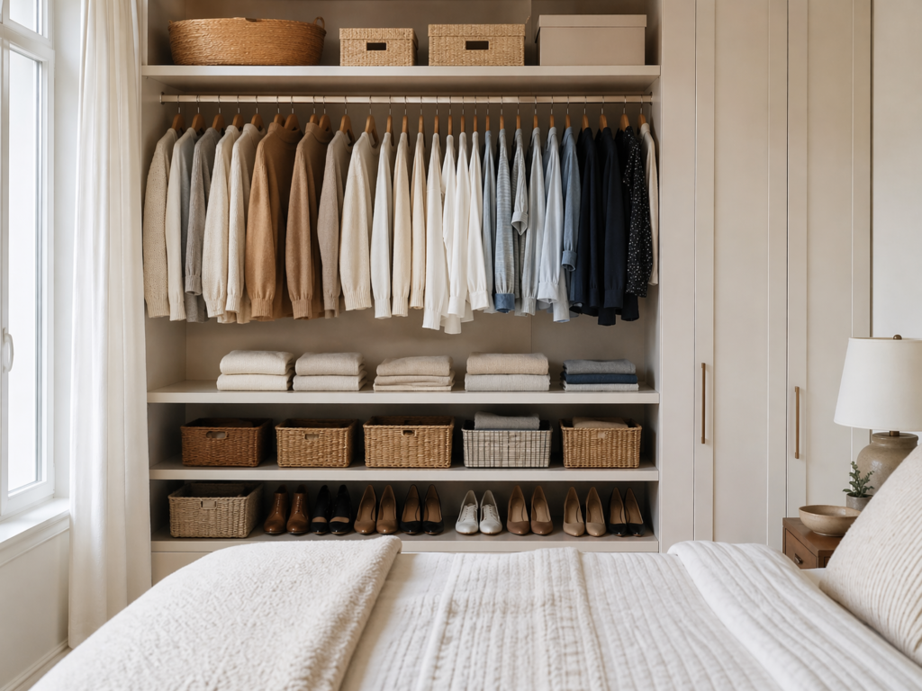 armário organizado com roupas neutras e funcionais