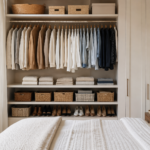 armário organizado com roupas neutras e funcionais