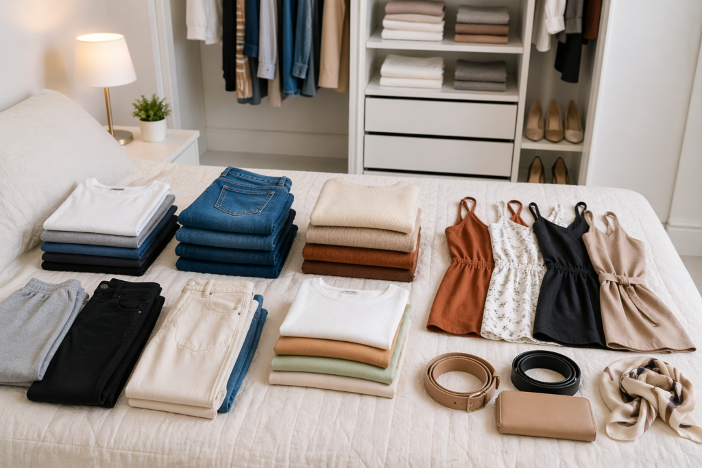 roupas separadas em grupos para organizar armário