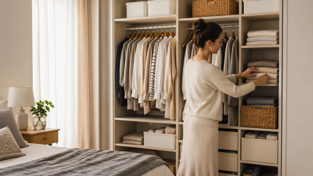 mulher começando a organizar o armário com peças neutras