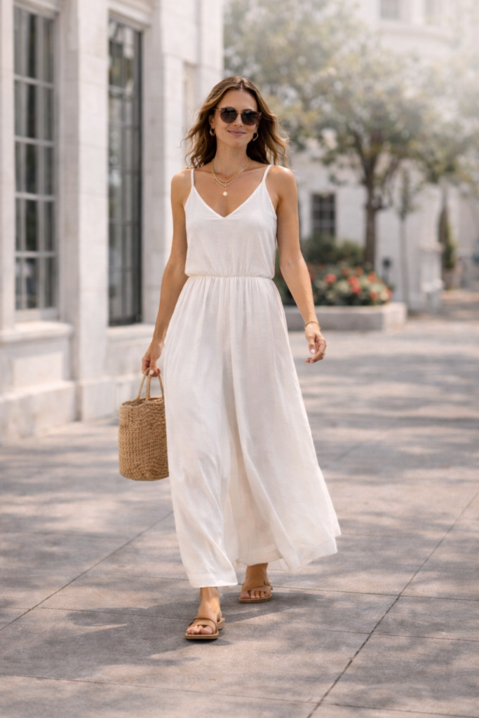 mulher usando look leve e arrumado para calor de 30 graus