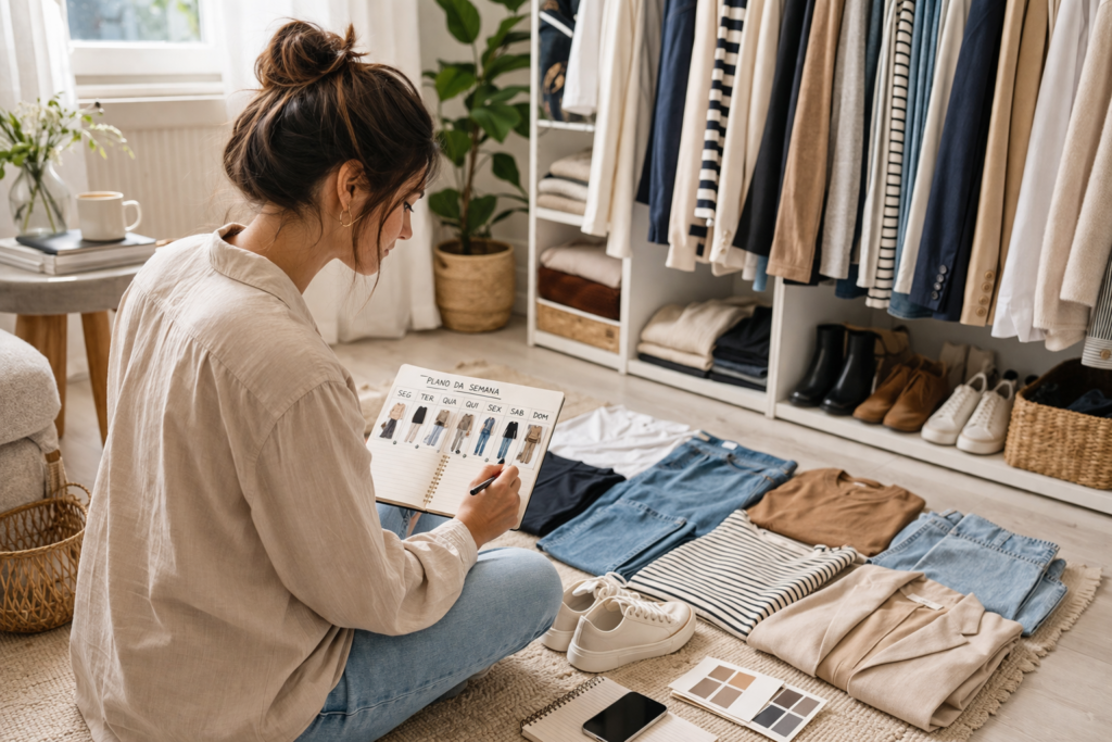 mulher planejando roupas de acordo com a rotina da semana