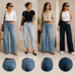 mulheres usando diferentes modelos de jeans para escolher o caimento ideal por rotina e tipo de corpo