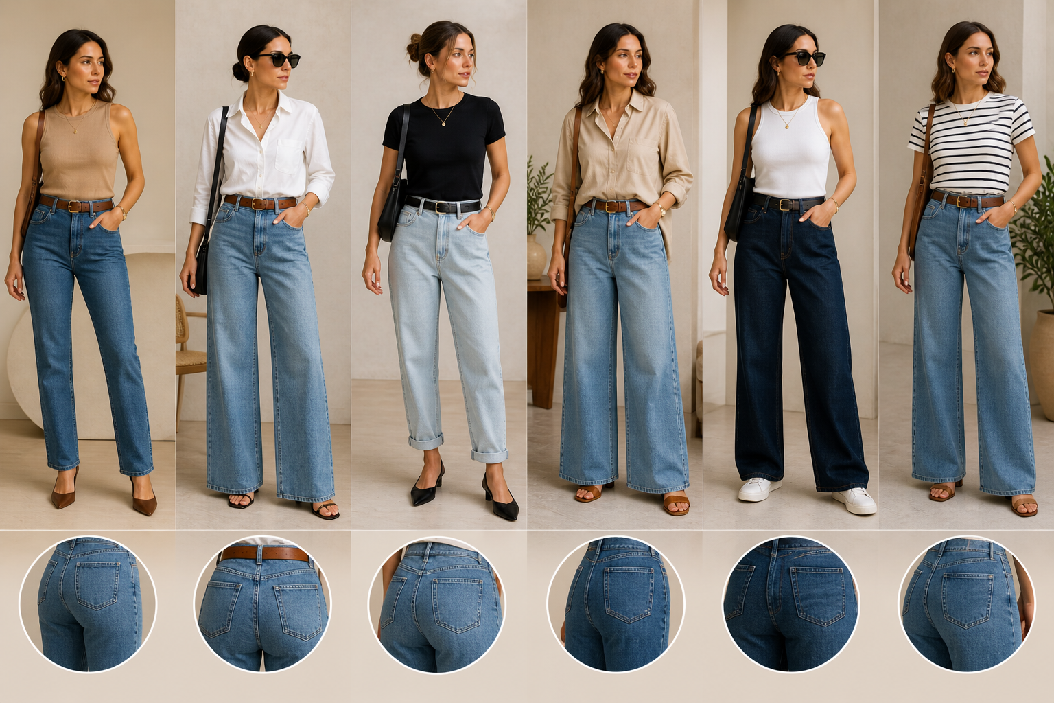 mulheres usando diferentes modelos de jeans para escolher o caimento ideal por rotina e tipo de corpo