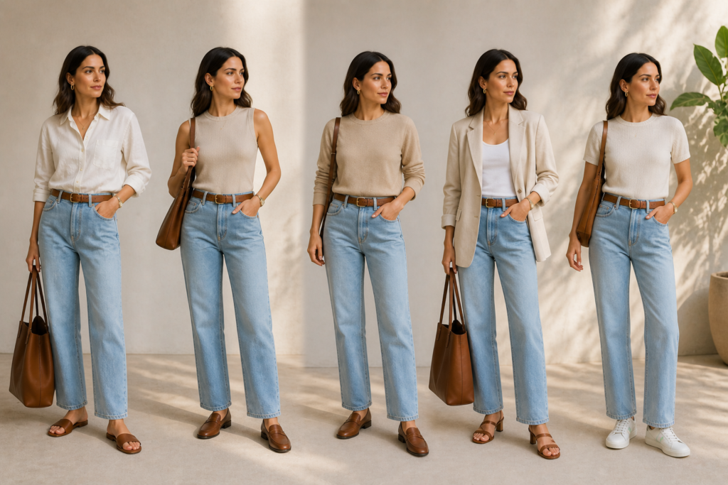 look com jeans camisa e acessórios discretos inspirado em quiet luxury