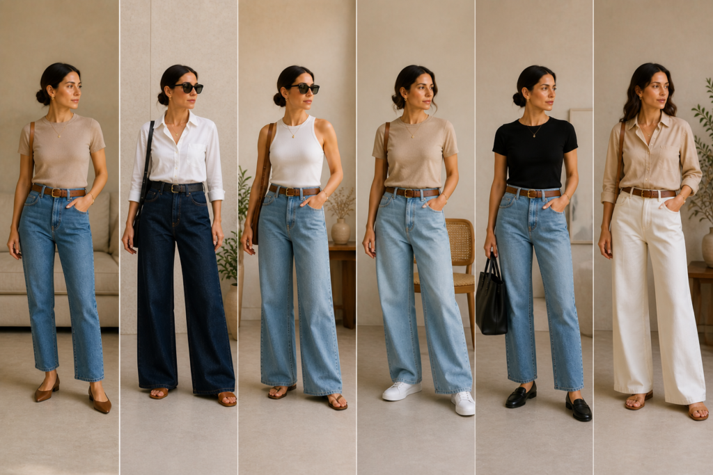 comparação entre jeans reta wide leg e mom em looks femininos