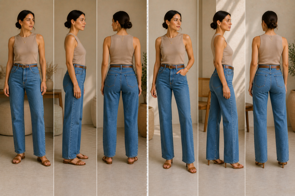 detalhe de caimento de jeans feminino na cintura e na perna