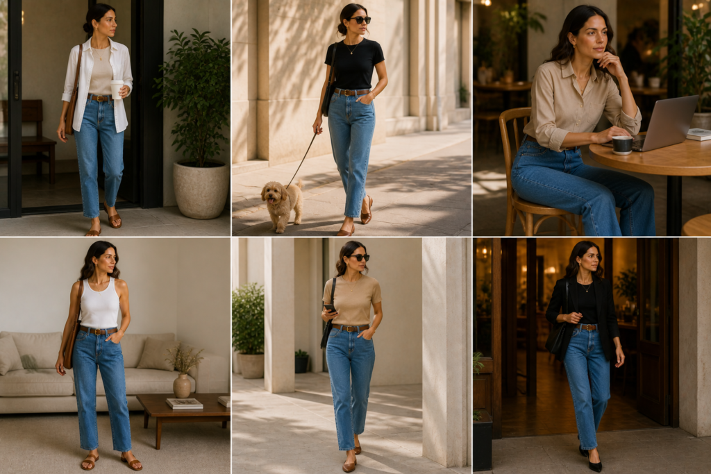 mulher usando jeans versátil e bem escolhido no dia a dia